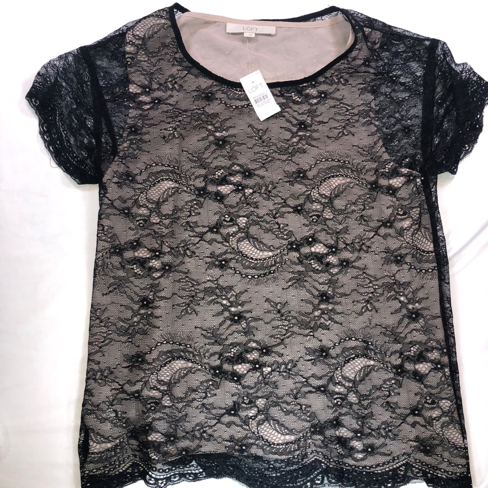 Ann Taylor‎ LOFT Womens Black Floral Lace Short Sleeve Blouse Tan Lining NWT S
